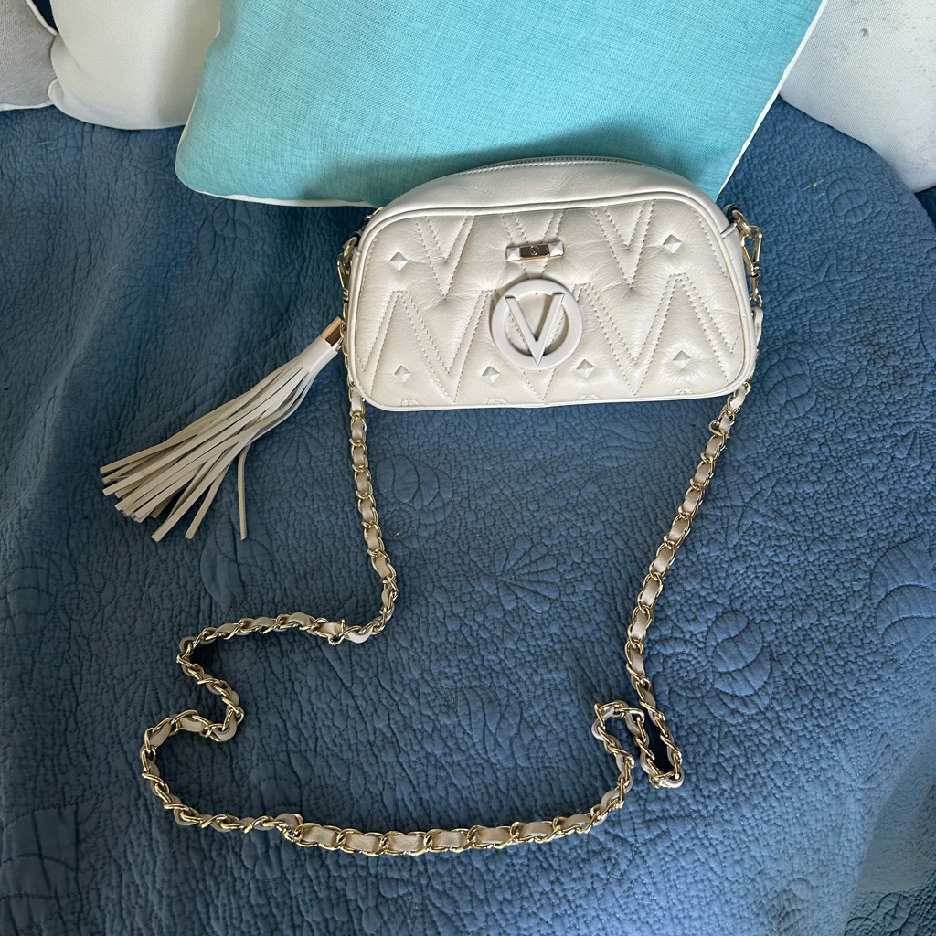 Valentino Zippered White Logo Leather W Gold Chain Strap Crossbody